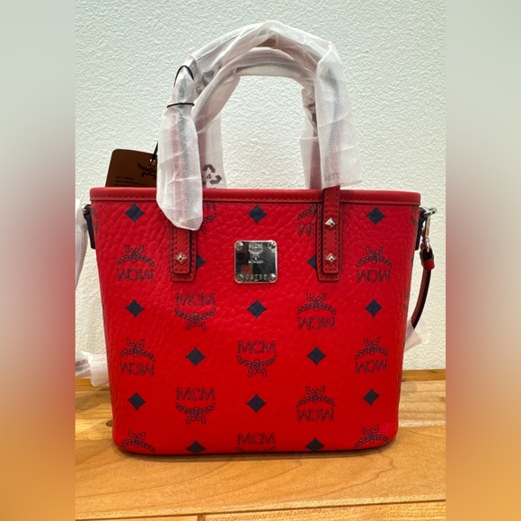 MCM Handbags - MCM Red Logo Tote with Black Monogram Accents